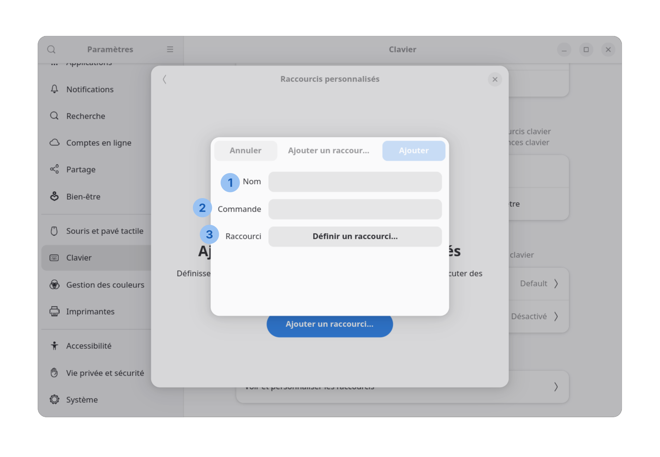 Fenêtre de création de raccourci
