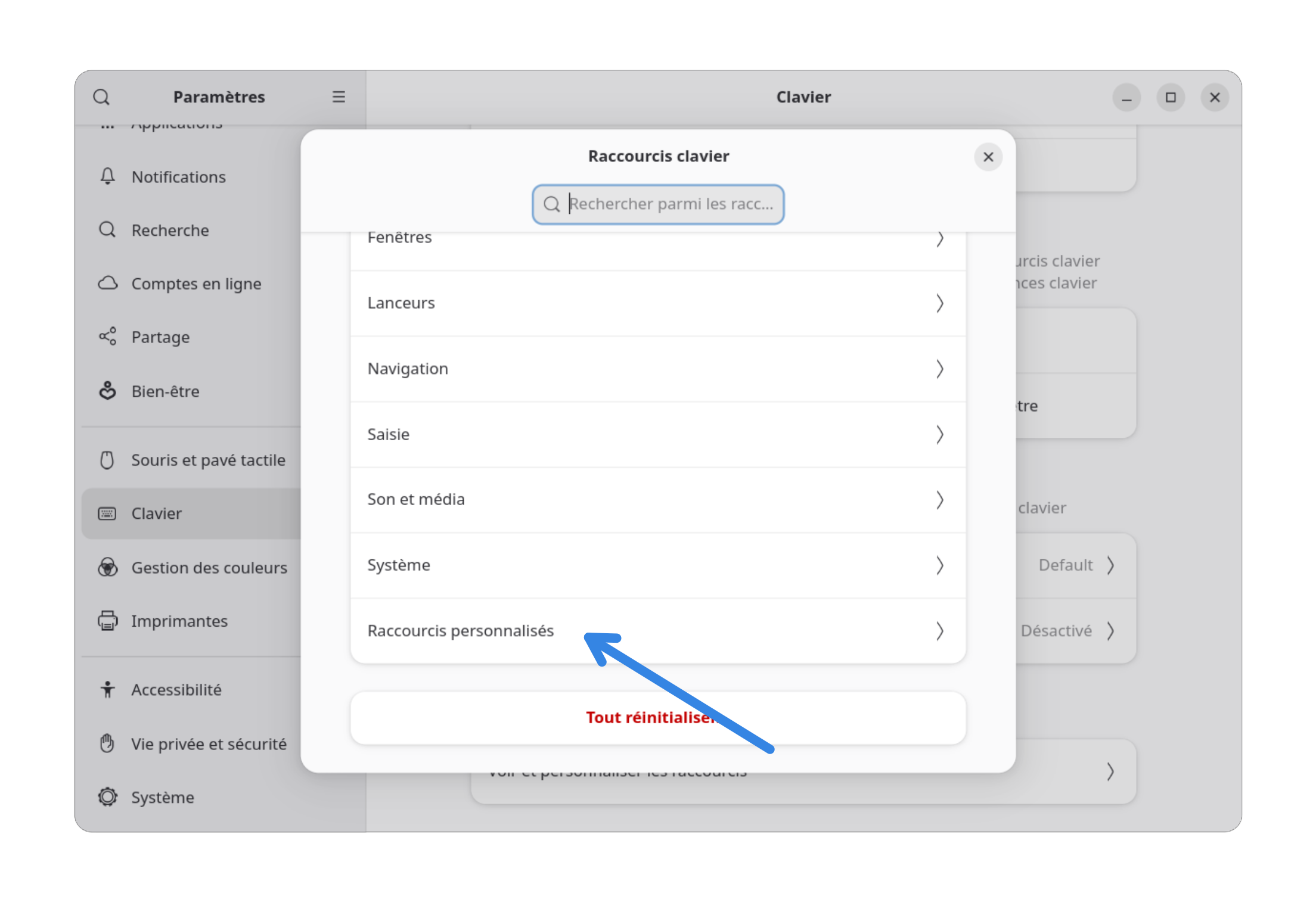Fenêtre des Raccourcis clavier