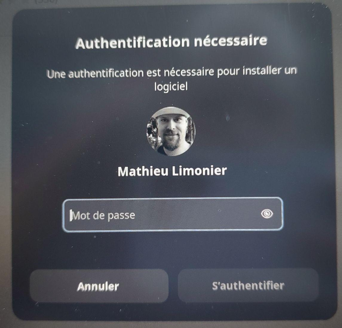 Fenêtre d’authentification qui apparaît lors de changement sur le système. Demande le mot de passe.