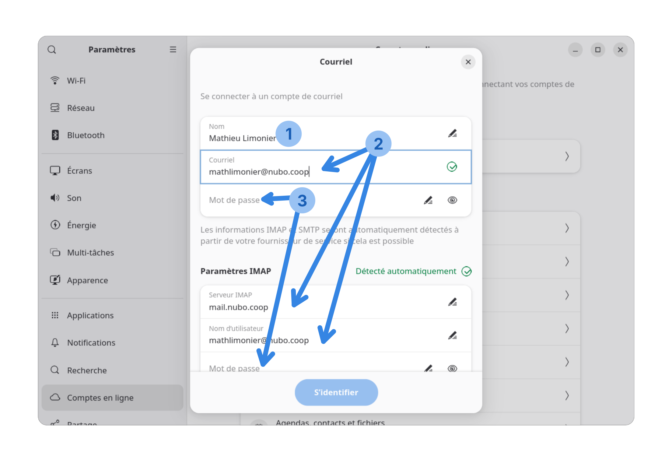 Fenêtre de connexion à un compte courriel, avec nom, adresse courriel et le mot de passe.