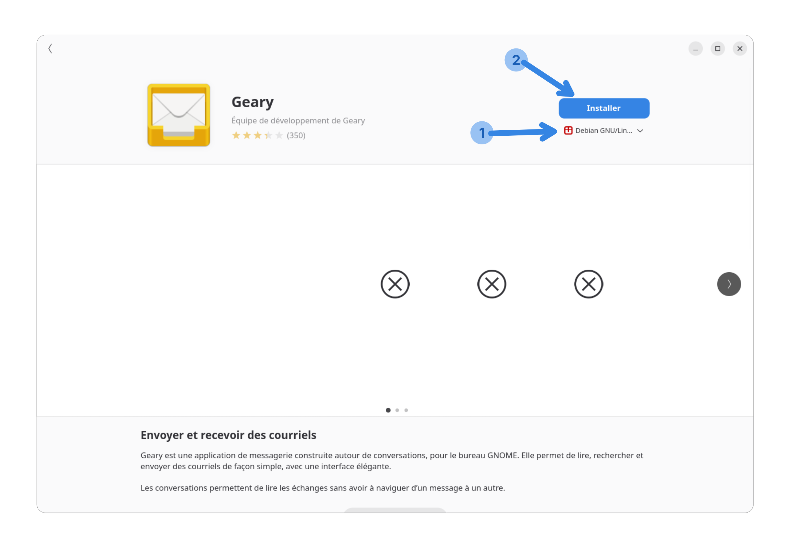 Fenêtre du programme Logiciel avec vue et description du programme Geary. Avec un bouton pour installer celui-ci via Debian GNU/Linux