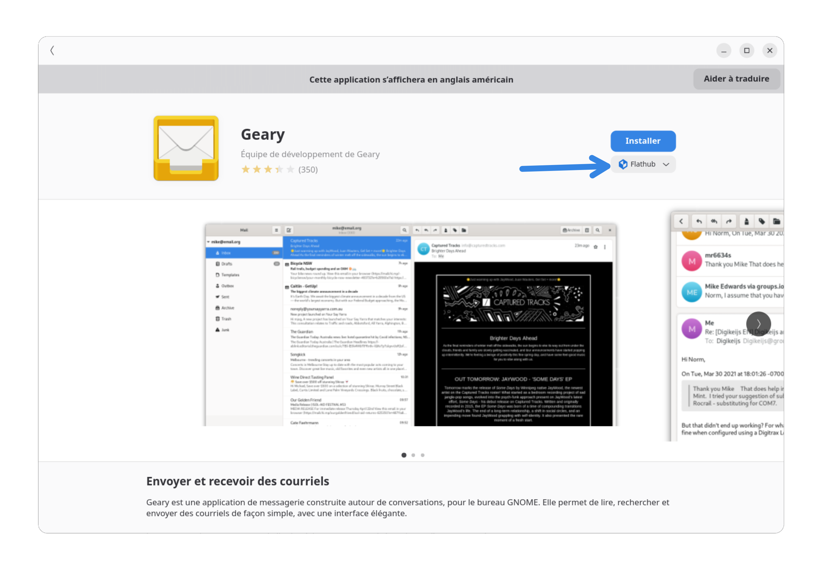 Fenêtre du programme Logiciel avec vue et description du programme Geary. Avec un bouton pour installer celui-ci via Flathub
