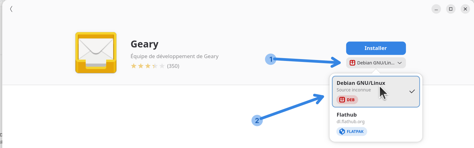 Fenêtre du programme Logiciel avec vue et description du programme Geary. Une sélection de la source d’installation permet de choisir entre Debian GNU/Linux ou Flathub.