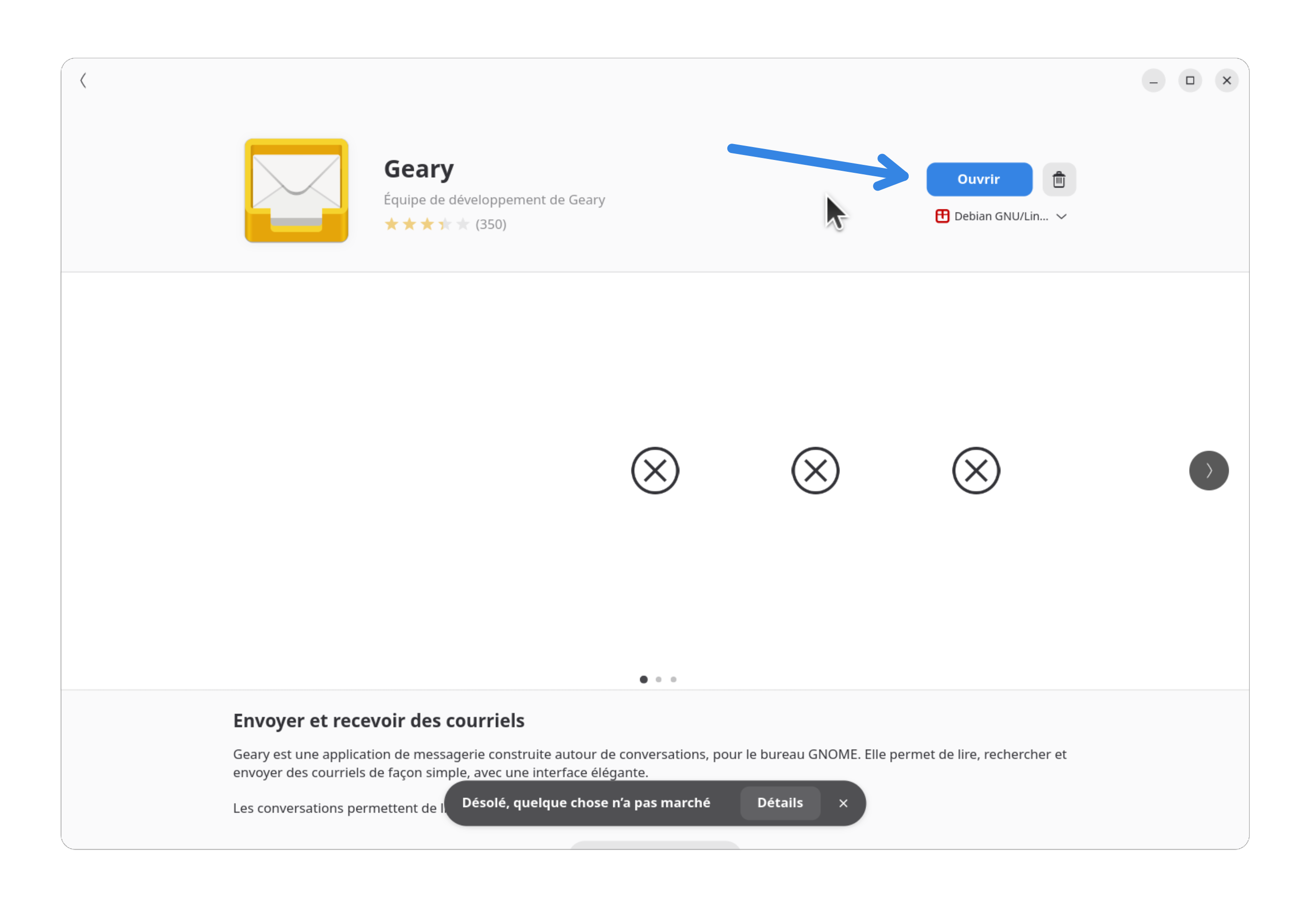 Fenêtre du programme Logiciel avec vue et description du programme Geary. Avec un bouton pour Ouvrir le programme.
