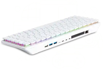 Image de la Raspberry Pi 500+, qui est un clavier mécanique blanc avec un nano ordinateur intégré