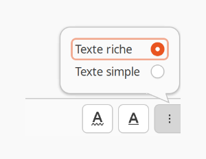 Zoom sur le menu permettant de change le texte du contenu entre texte simple ou texte riche (HTML)