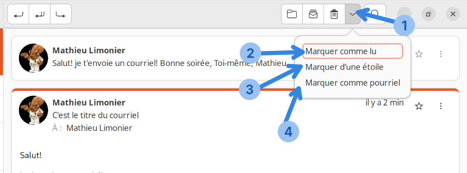 Zoom sur la sélection rapide de quelques actions du menu du courriel.